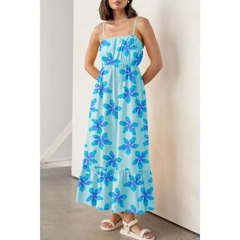 ผู้หญิงฤดูร้อนความงามดอกไม้พิมพ์แขนกุดปรับสายบางสแควร์คอBackless A-Line Slip Camiชุดยาว