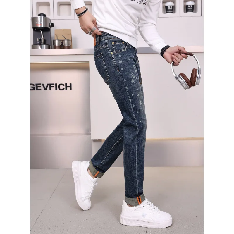 

Men's Light luxury printed jeans 2024 new autumn and winter stretch slim fit skinny casual all-match fashion pants