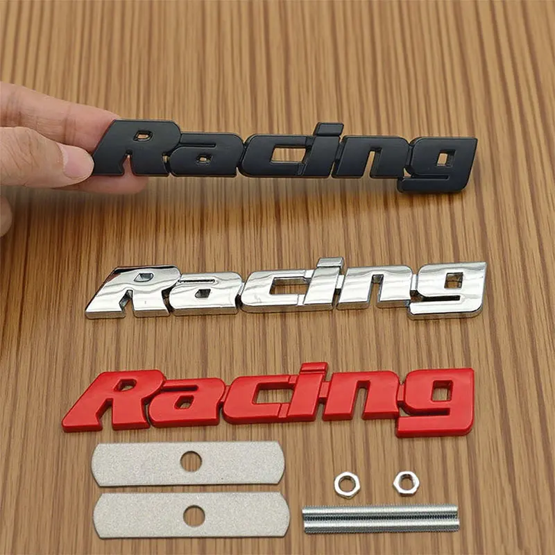 

3D Metal Black Red Chrome Letters Racing Logo Universal Car Emblem Front Grille Badge Auto Rear Trunk Stickers Decal Accessories