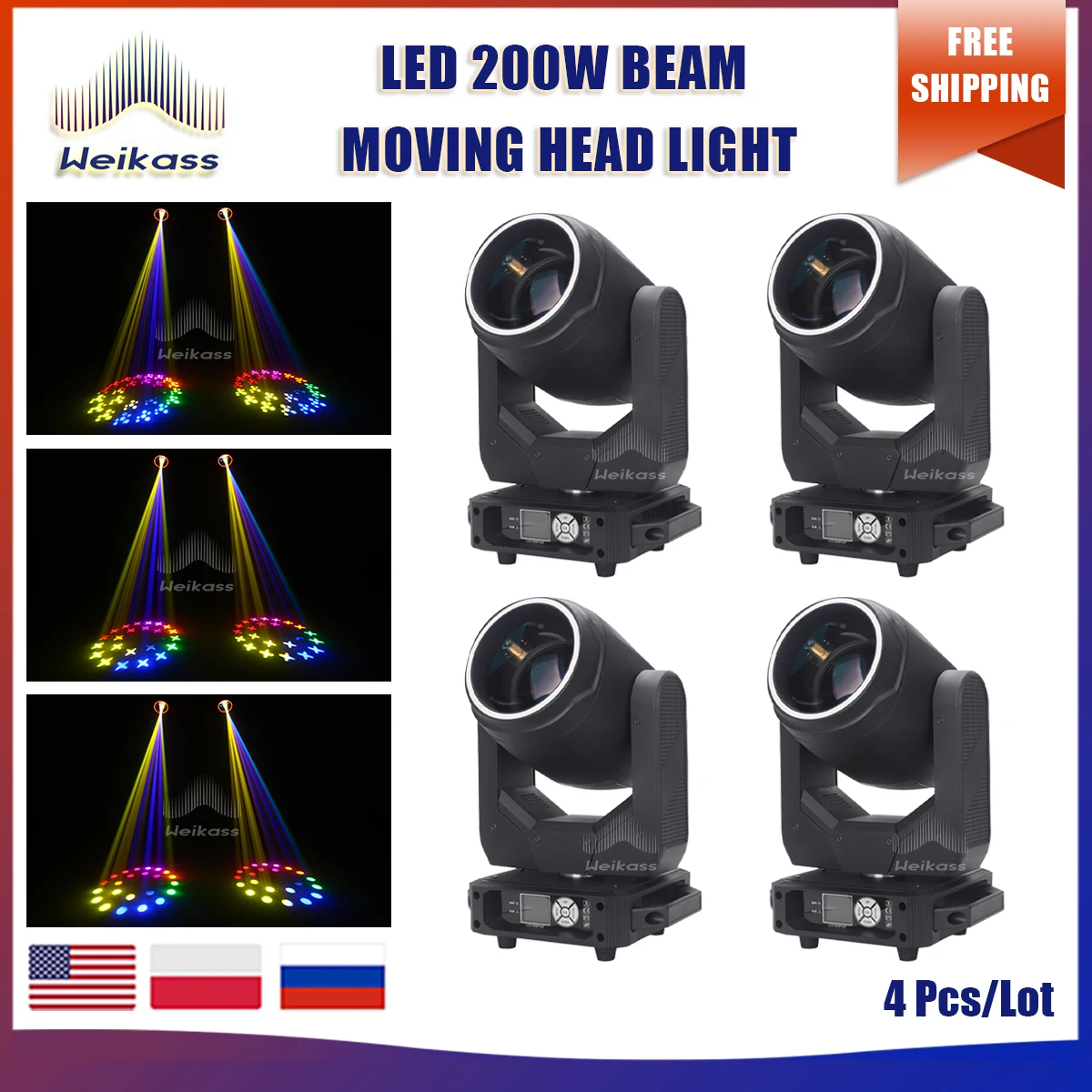 

No Tax New 4Pcs/Lot LED Beam Spot 200W Lighting Moving Head Lights With Voice Control and DMX512 Control For Disco Led Light