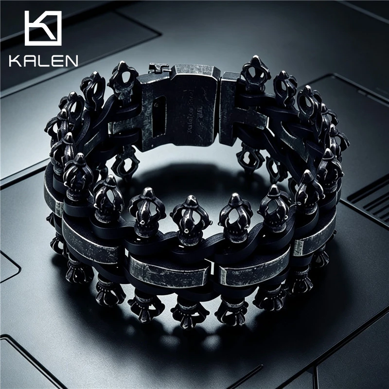 KALEN 42mm Wide Brushed Stainless Steel Bracelet for Men Biker Punk Rock Creative Accessories Fashion Jewelry Graduation Gifts