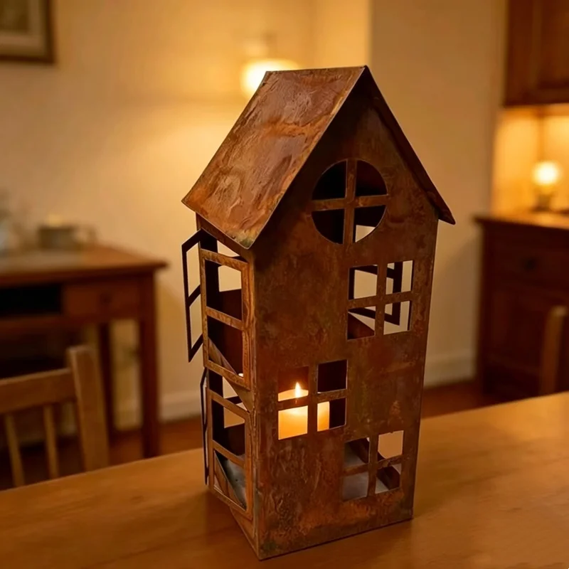 

Rustic House with a Rust-Colored Finish Garden Decorative Lantern Candle Holder Outdoor Balcony Decorative Ornament