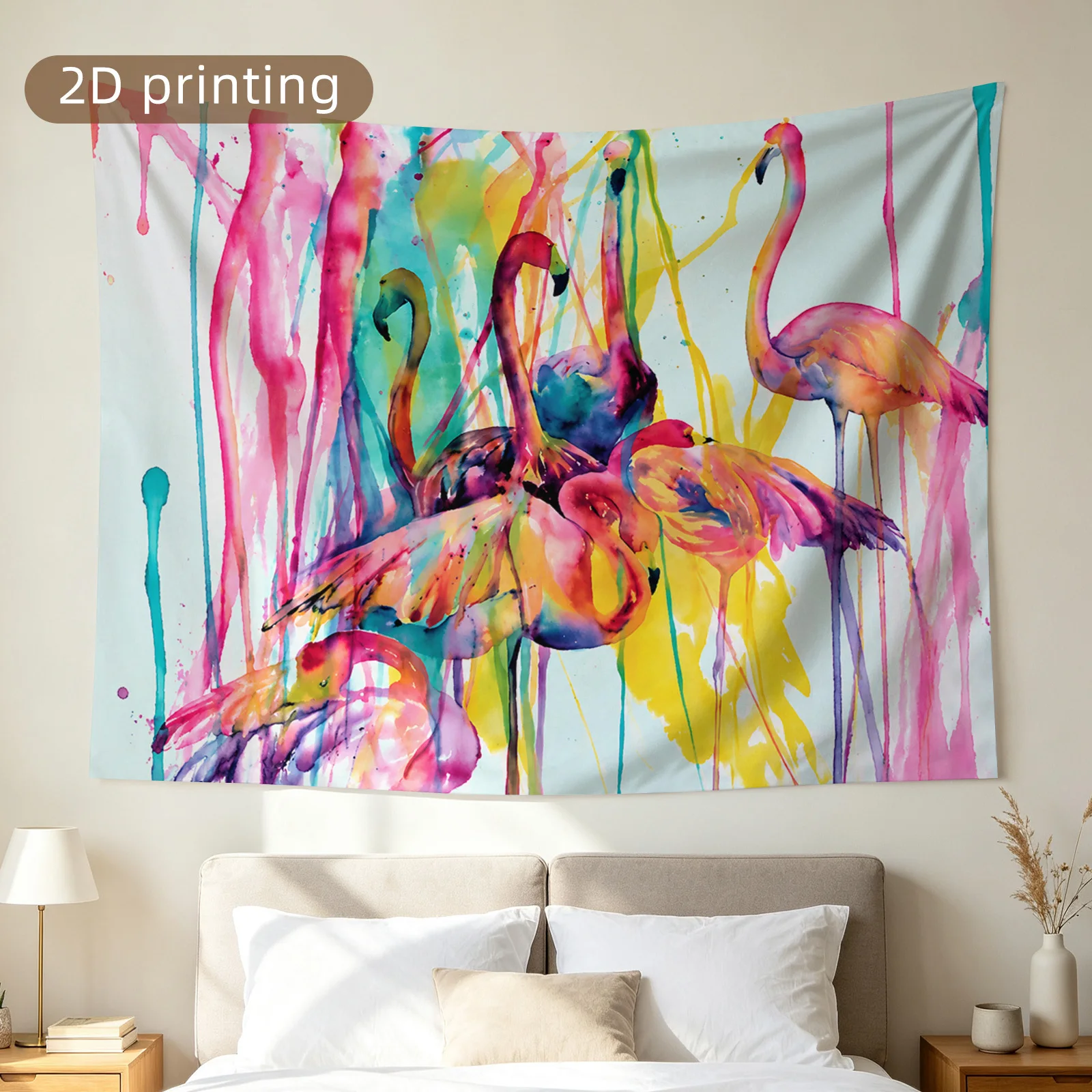 Vibrant Watercolor Flamingo Tapestry Wall Hanging Boho Tropical Abstract Pink Bird Art Polyester Fabric Decor Modern Minimalist