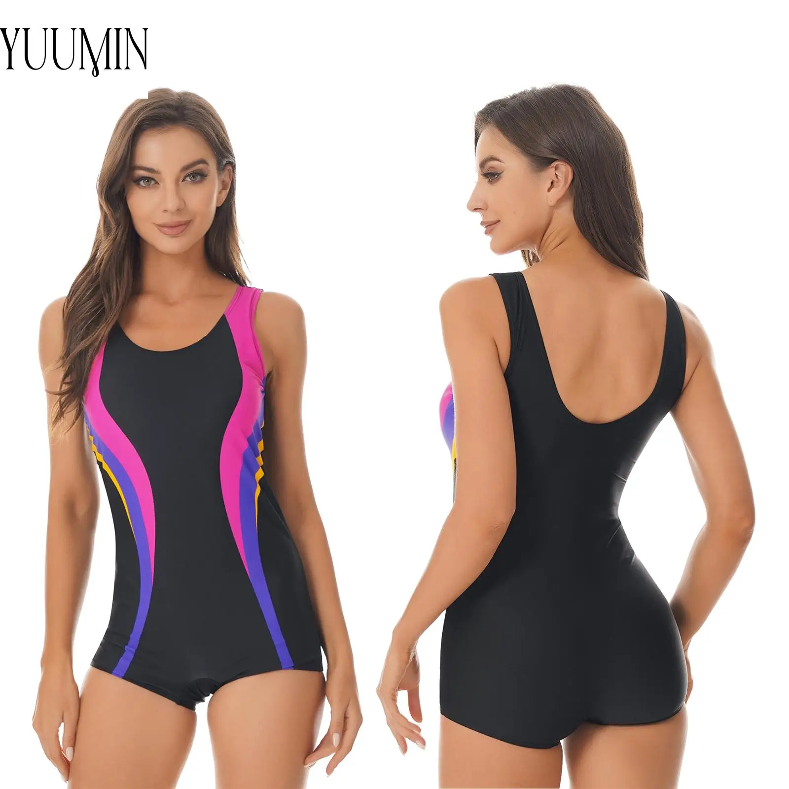 Women Swim Jumpsuit U Neck Sleeveless One-piece Swimwear Removable Bust Pads Open Back Patchwork Beach Bathing Sport Bodysuit