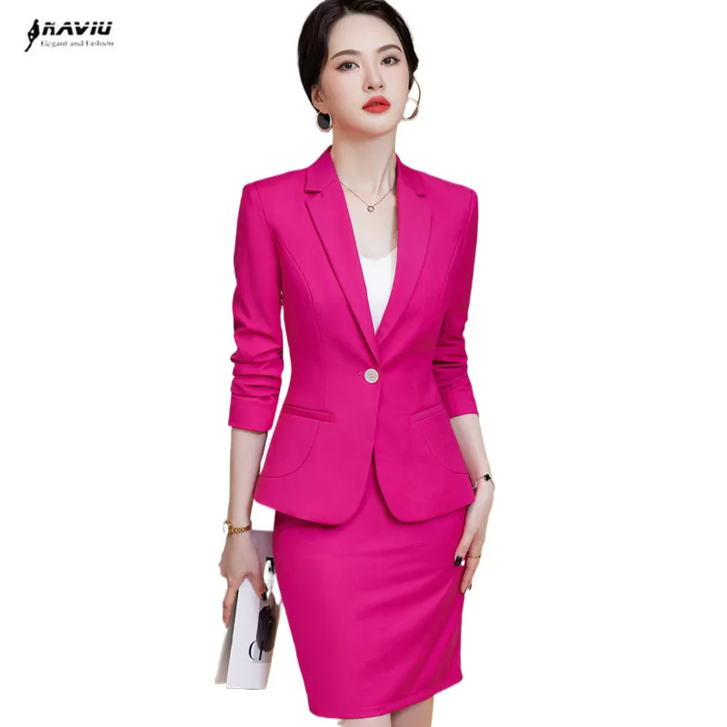 NAVIU-2-Piece Slim Set para Mulheres, Blazers De Escritório, Manga Comprida, Entalhado Botão Único, Ternos De Saia Chiques, Moda Feminina, Novo, 2024