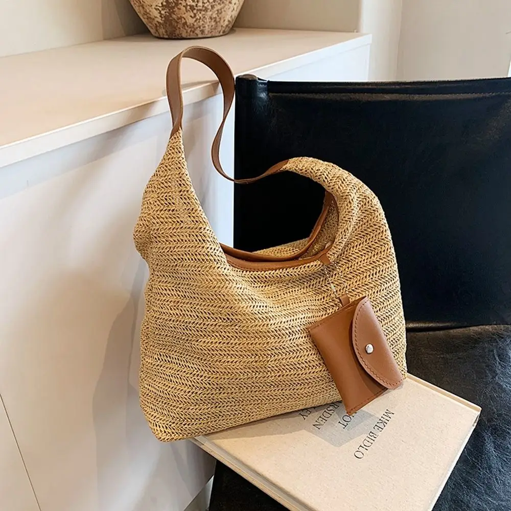 

Trendy Beach Handbag Weave Straw Bag Large Capacity Lazy Style Beach Bag Bohemian Style Hollow Tote Bag Holiday