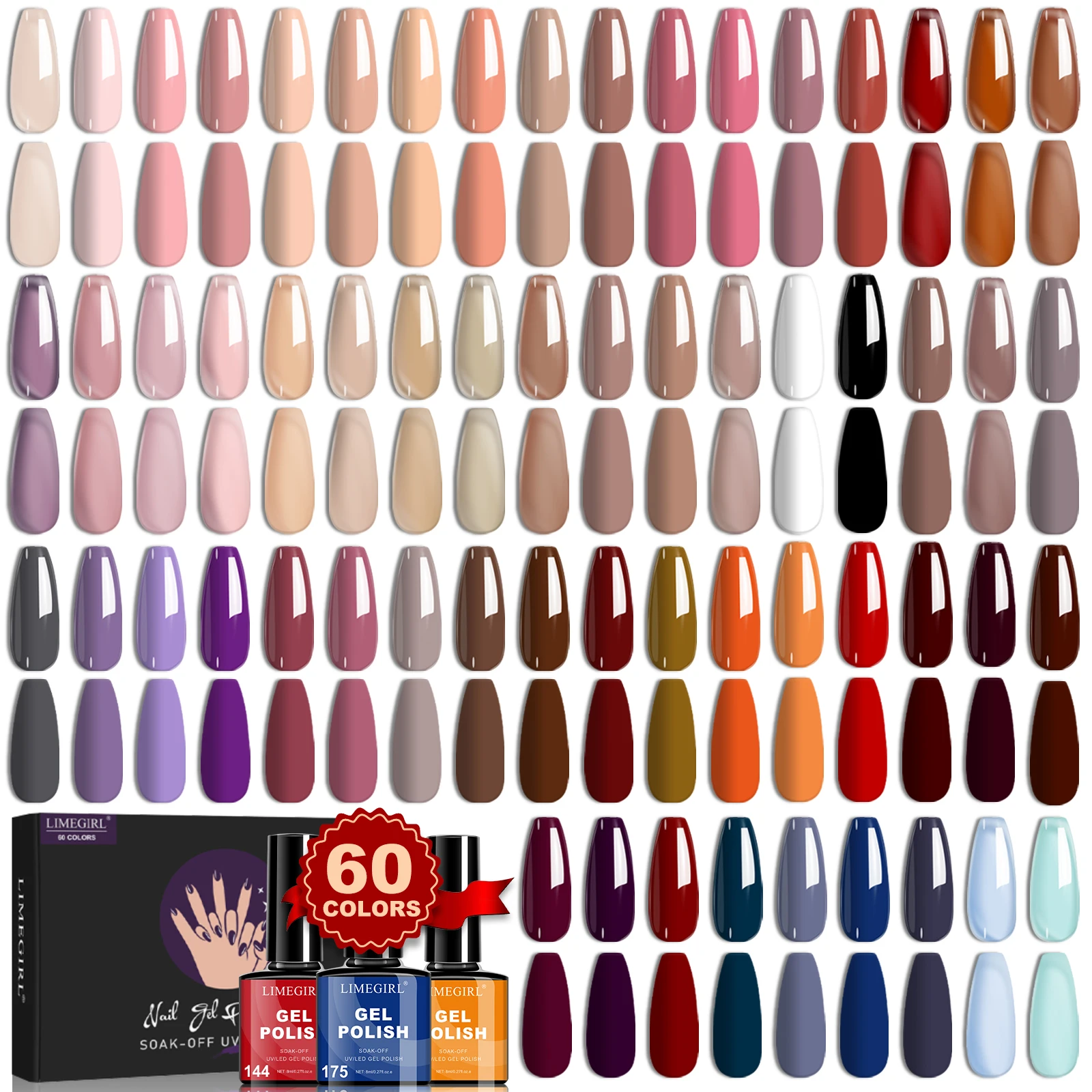 

LIMEGIRL 60Pcs/Set Gel Nail Polish 8ML Red Glitter UV Semi-Permanent Soak Gel Nail Polish Suitable for Beginners Manicure kit