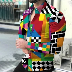 Lattice Geometric Theme Shirt Men Fashion Blouse Long Sleeve Hawaiian Casual Type Beach Original Streetwear Colorful Clothing