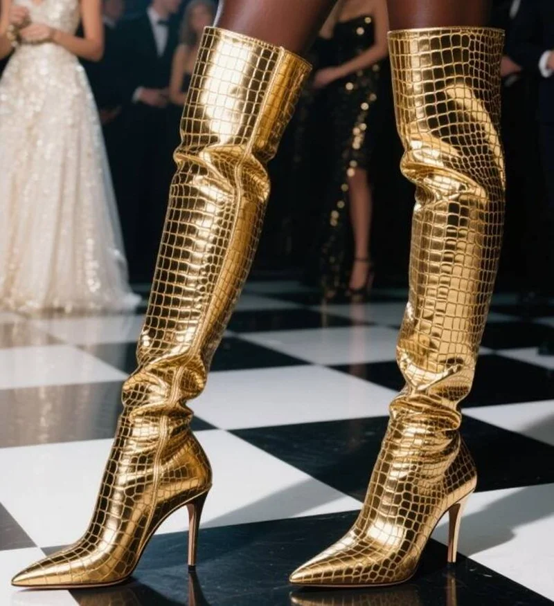 الذهب جلد الثعبان المطبوعة النساء حذاء برقبة للركبة أشار تو نمط بيثون عالية الكعب أحذية طويلة قطرة الشحن #2