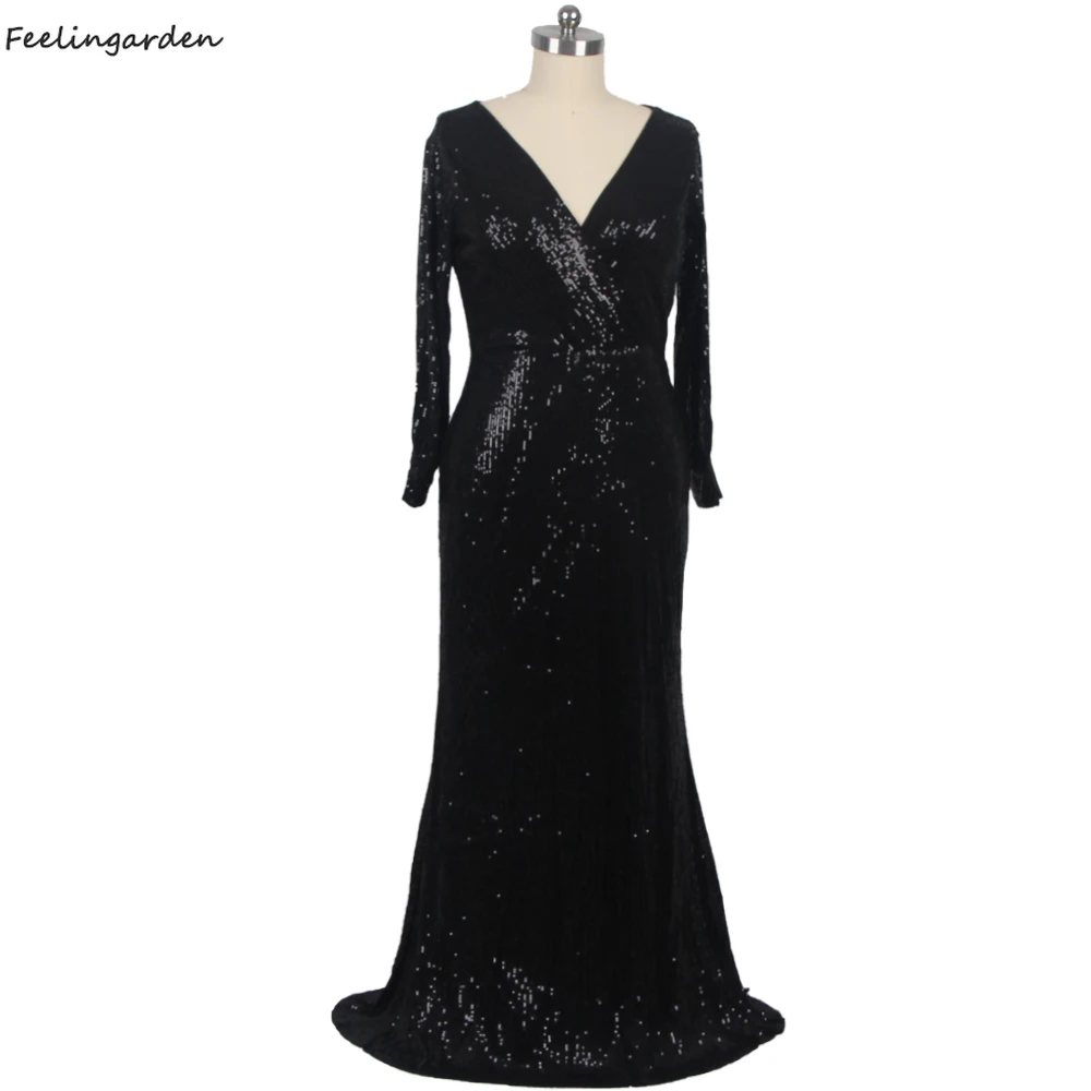 

Feelingarden Real Photo Women Party Dress Black Sequins V-neck Plus Size Mermaid Robe De Soiree Full Sleeves Evening Gown DX240