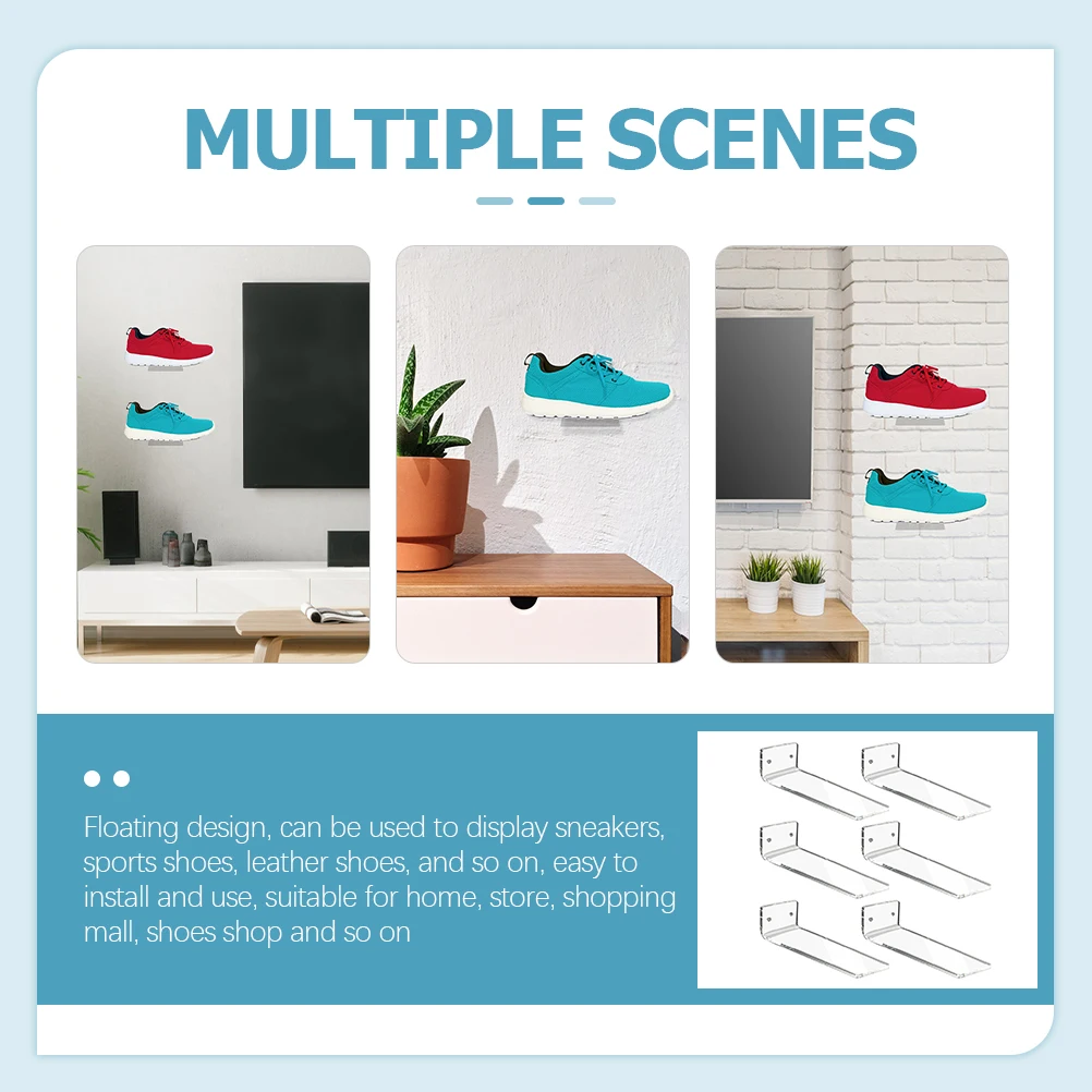 

6pcs Sneaker Display Stand Clear Wall-Mounted Shoe Rack Modern Acrylic Floating Shelf Adjustable for Sports Shoes Transparent