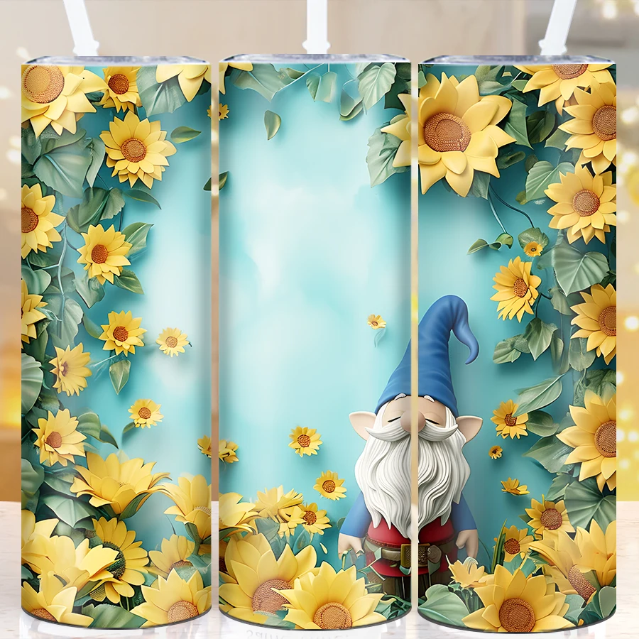 20oz 3D Printed Gnome Sunflowers Tumbler Straw Lid 1Pc Stainless Steel Hot Cold Insulated Skinny Straight Cups Birthday Gifts