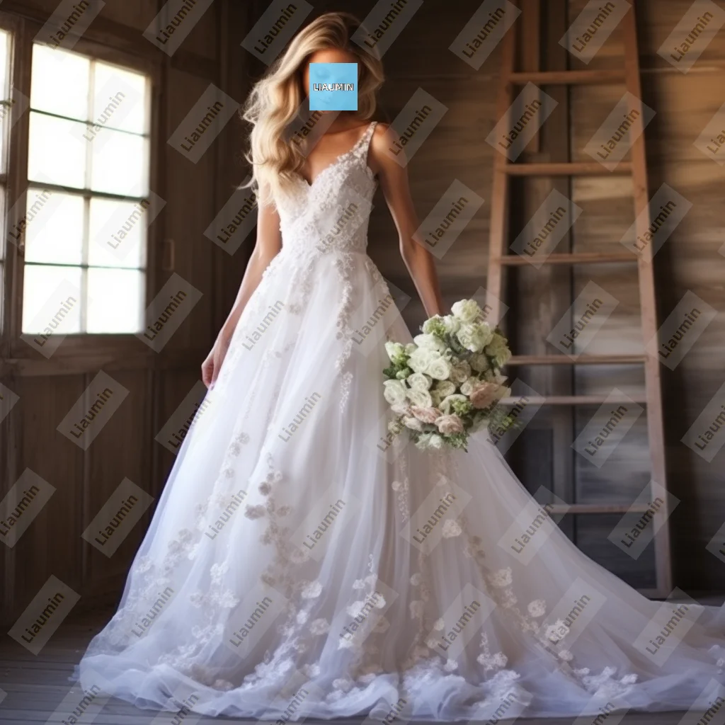 

New A Line White Tulle Lace Applique With Strap Prom Formal Wedding Dresses Evening Lace-Up Back Hand Made Customized A8.1.14