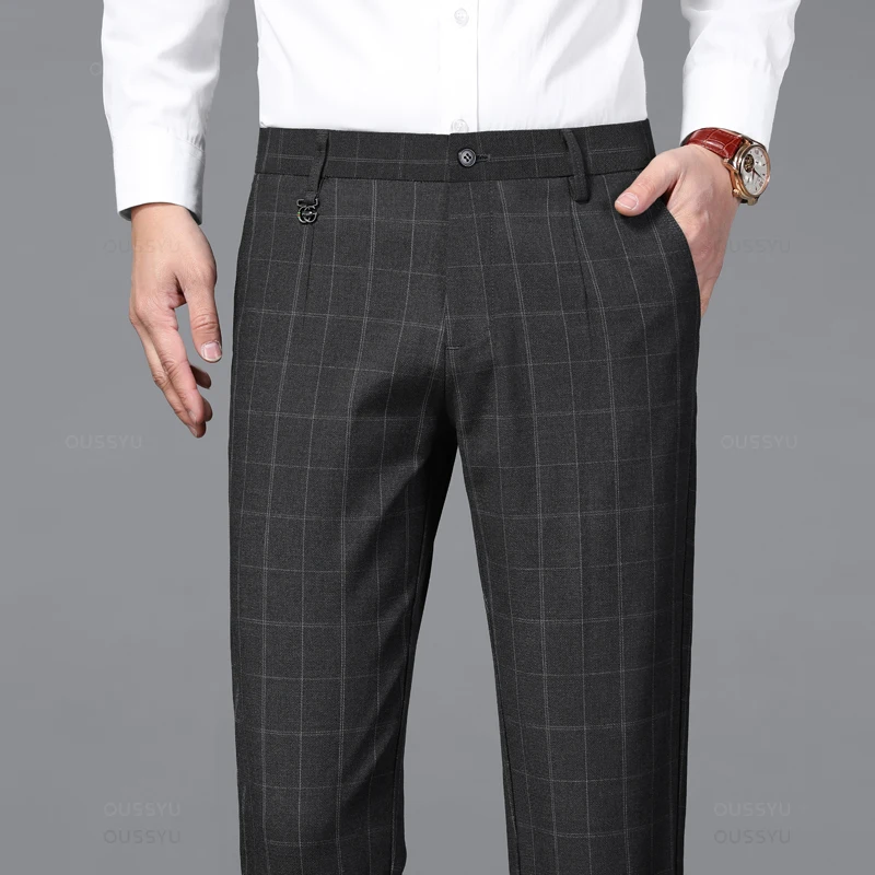 2024 New Classics Plaid Stretch Pants Men Business Fashion Grey Black Casual Pants Male Brand Formal Work Suit Trousers 38