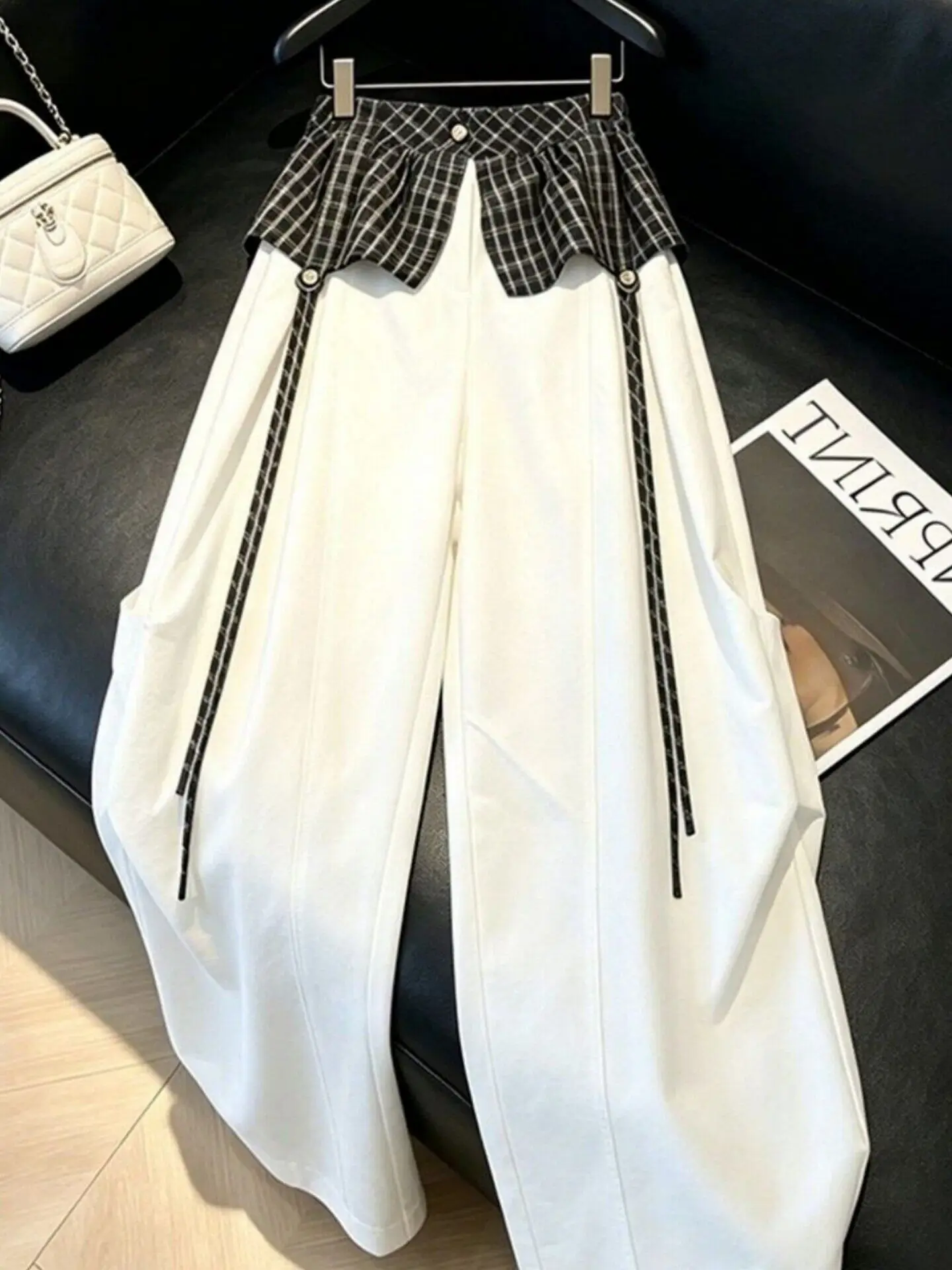 High Waist Casual Pants Women's Spring Summer 2026 New Plaid Splicing Wide Leg Workwear Trousers Trendy Straight Leg Pants