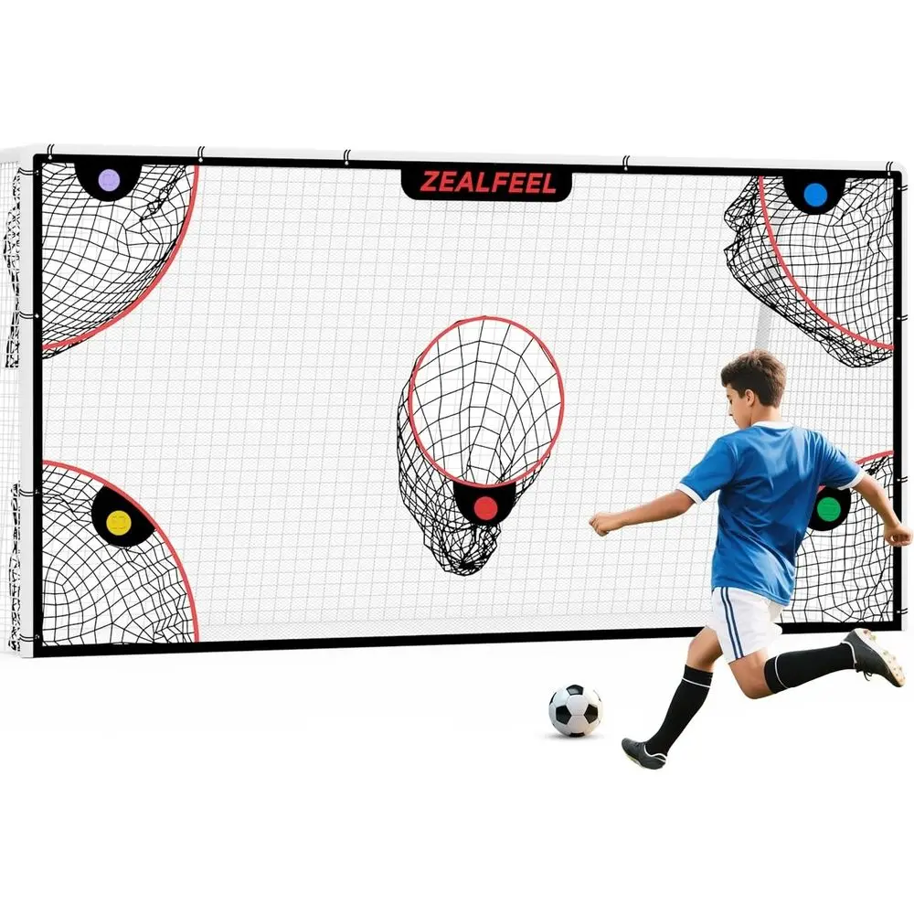 

Portable Soccer Training Net, 12x6ft Goal with 5 Scoring Areas, Durable Mesh, 3 Steel Rods, Removable Markers