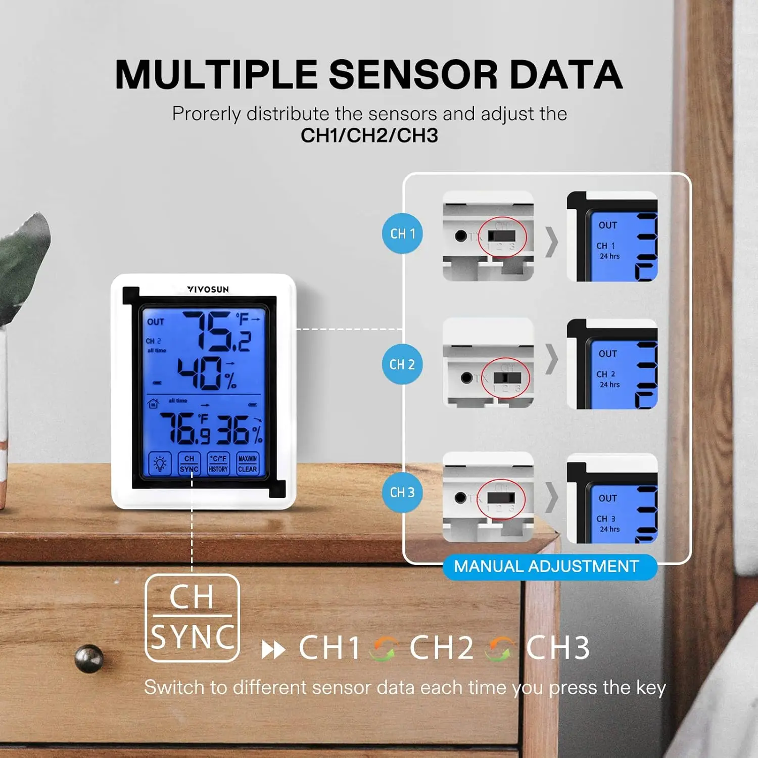Termômetro e higrômetro digital com 3 sensores remotos, tela sensível ao toque LCD, alcance de 200 pés, bateria incluída