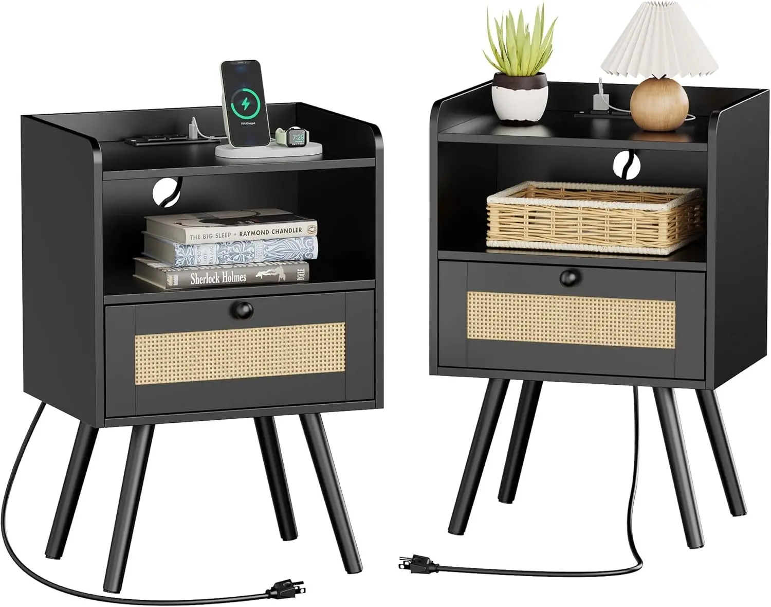 

Nightstands with Charging Station, Bedside Table Set of 2 with PE Rattan Drawers, Rattan Side Table with Storage & Sol