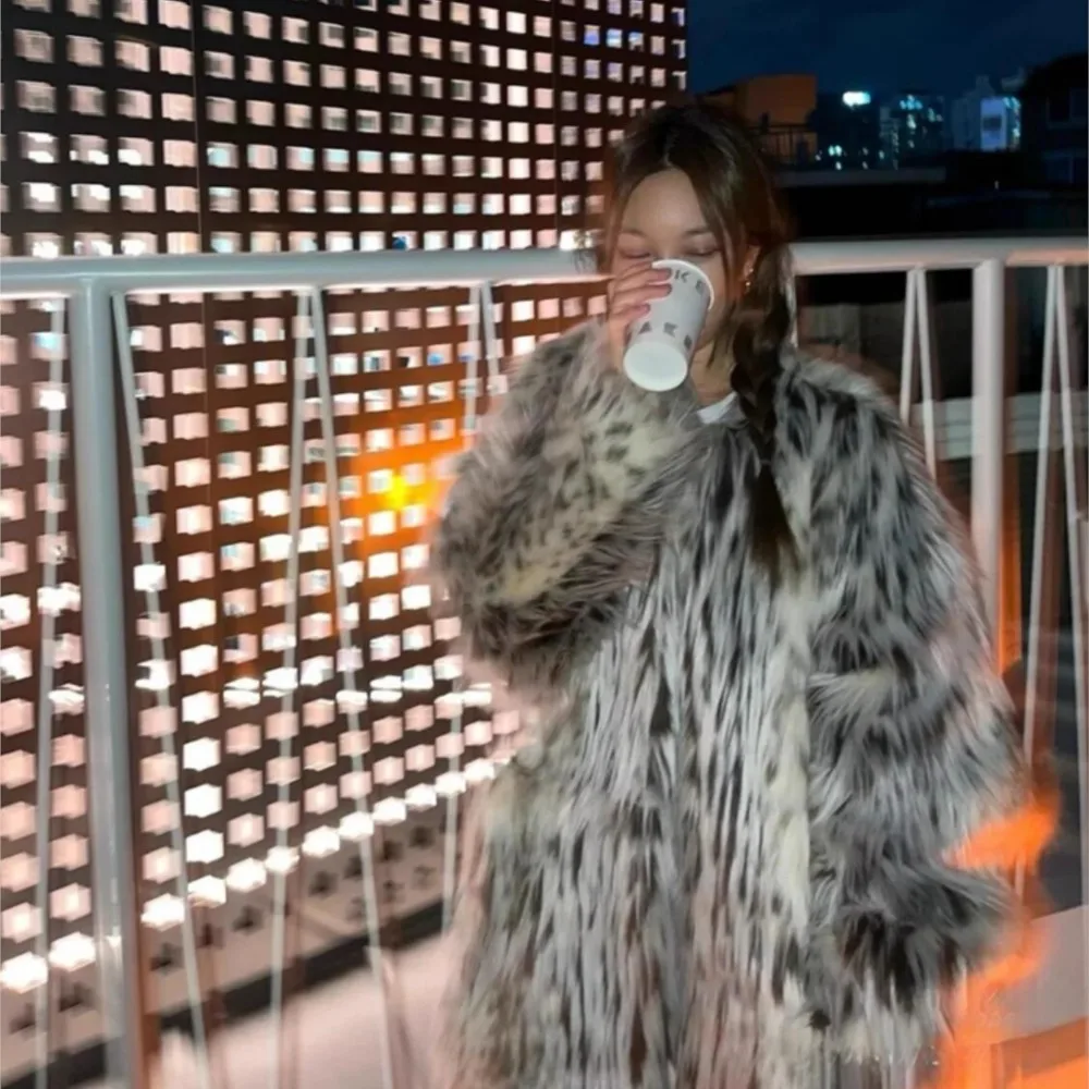 الشتاء التدرج ليوبارد طويل شعر أشعث فو الفراء معطف طويل الأكمام فروي المرأة سترة دافئة ميدي معطف ملابس خارجية فضفاضة