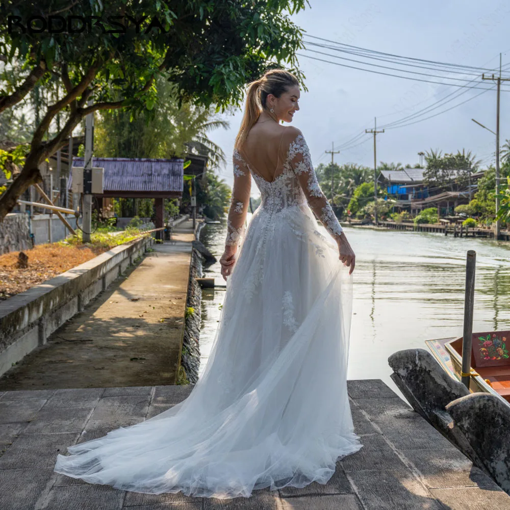 Roddrsya ชุดเดรสแต่งงานลูกไม้แขนยาวแบบชุดลูกไม้โชว์หลังผ้าบางเนื้อละเอียดชุดราตรีสำหรับเจ้าสาว