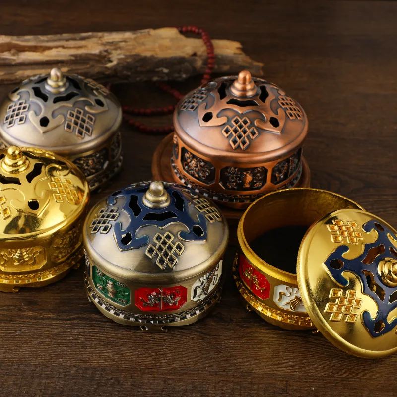 Eight Auspicious Mongolian Incense Burners, Ethnic Boutique Alloy Buddhist Supplies, Gold and Red Paintings