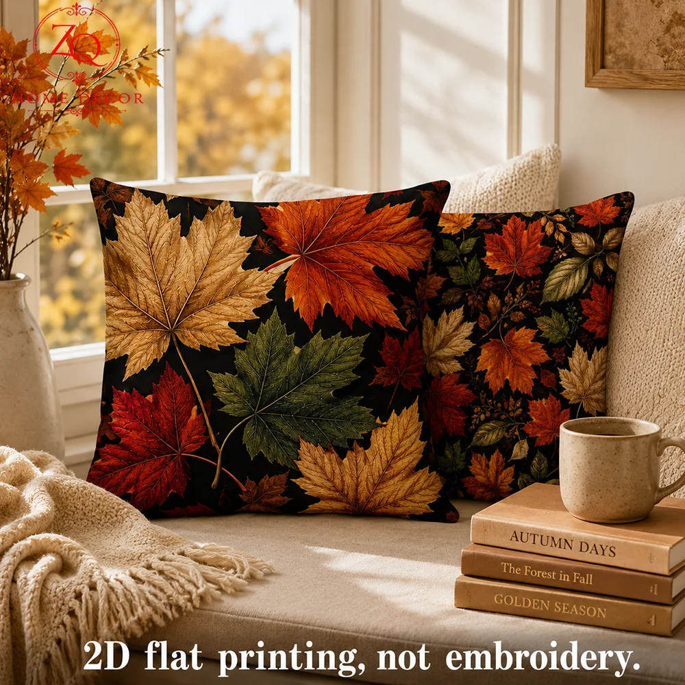 Cozy Autumn Maple Leaf Coussin 2Pcs Peach Skin 2D Flat Printed Cushion Covers Room Decor Pillowcase For Bed