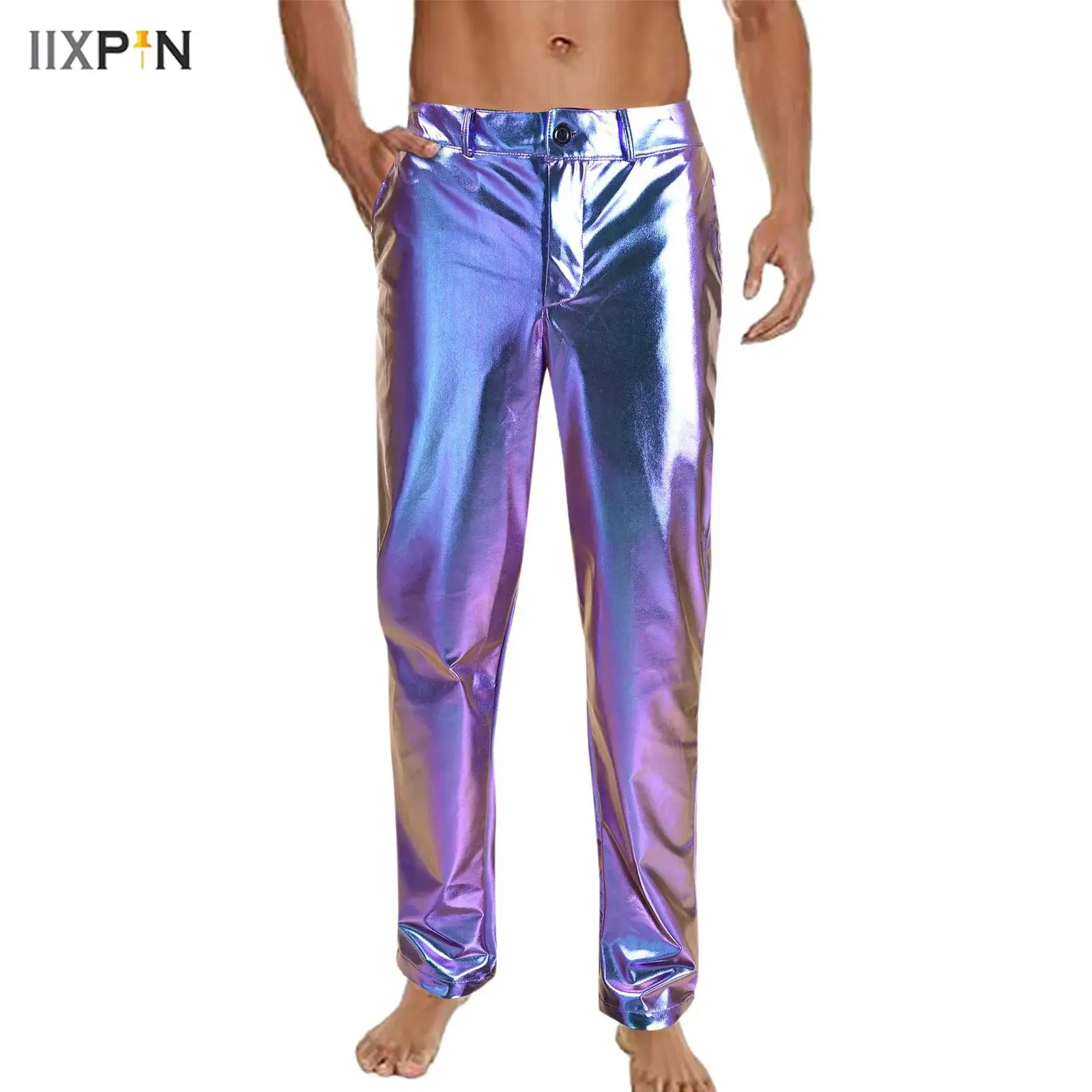 

Mens 80s Disco Dance Trousers Metallic Shiny Straight Leg Side Pockets Long Pants for Clubbing Jazz Rock Dance Costumes Clubwear