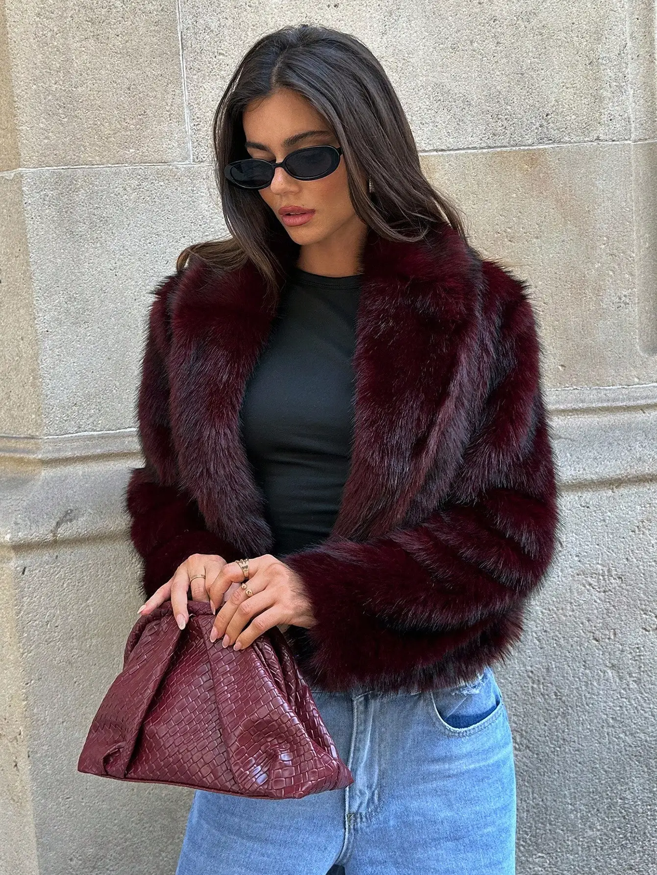 

Women's Burgundy Faux Fur Coat, Short Winter Jacket with Loose Fit & Long Sleeves, Cozy Fall Outerwear