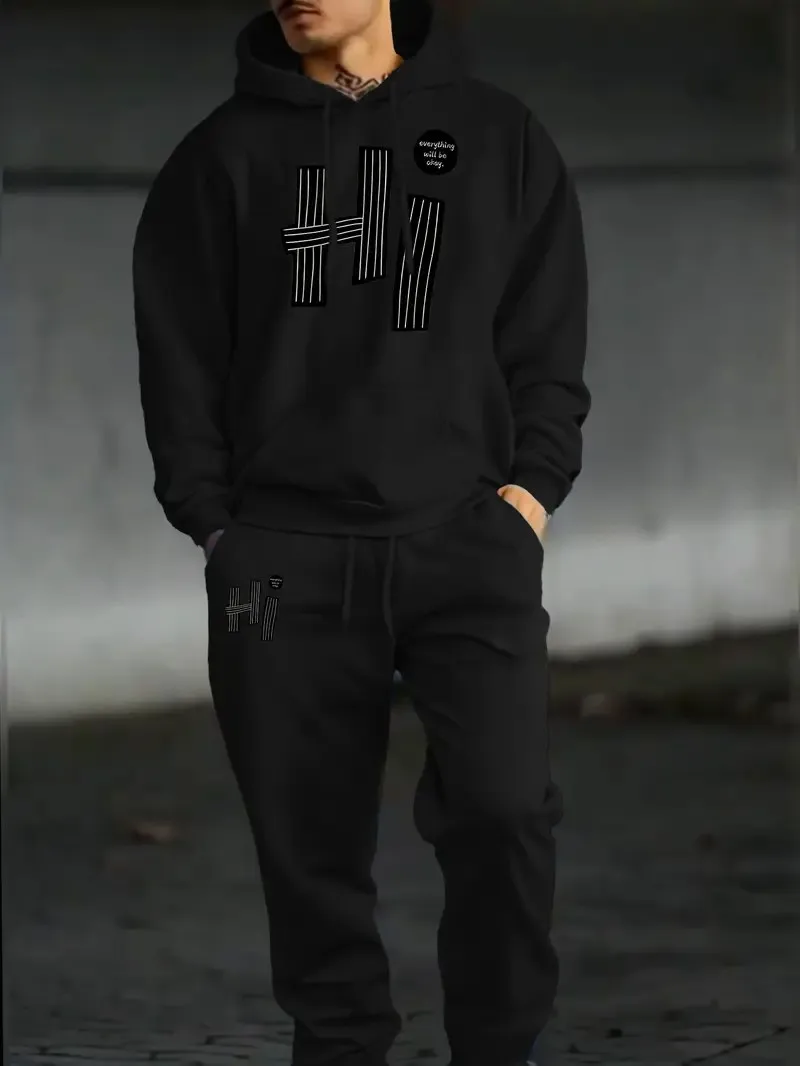 

The 2025 Spring and Autumn new men's hoodie set is casual and fashionable Hello printed street men's wear
