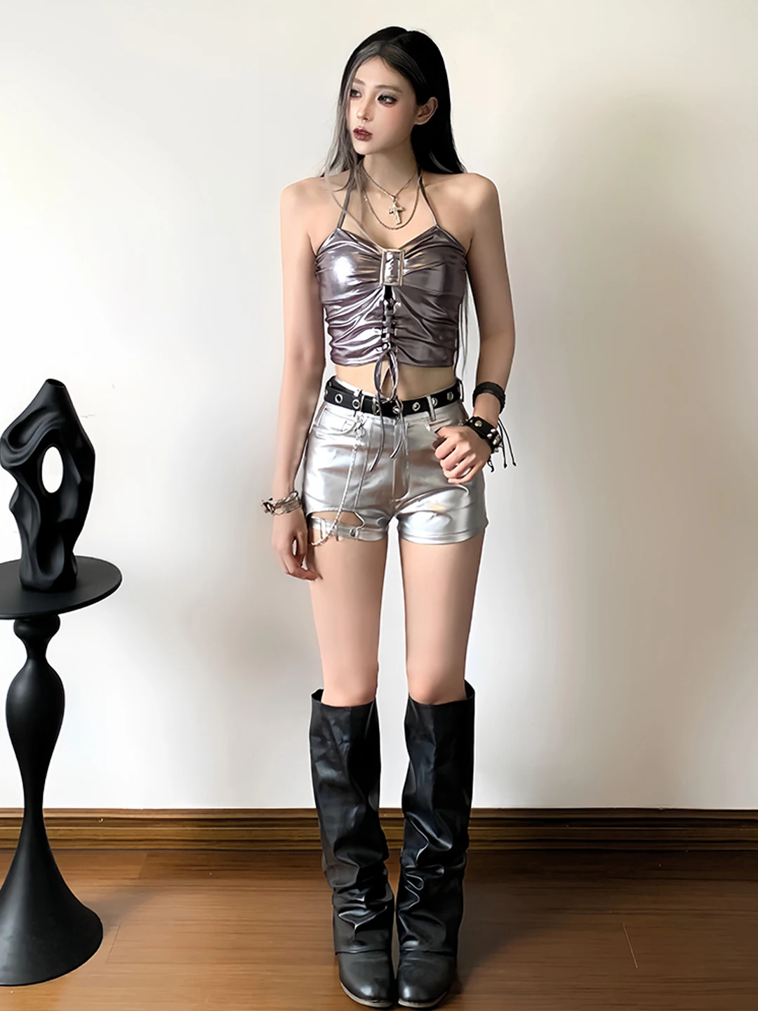 Silver Performance Outfit DS Bar Performance Clothes Hip Hop Jazz Dance Shiny Tech Feel Fashion Street Dance Set Catwalk Suit