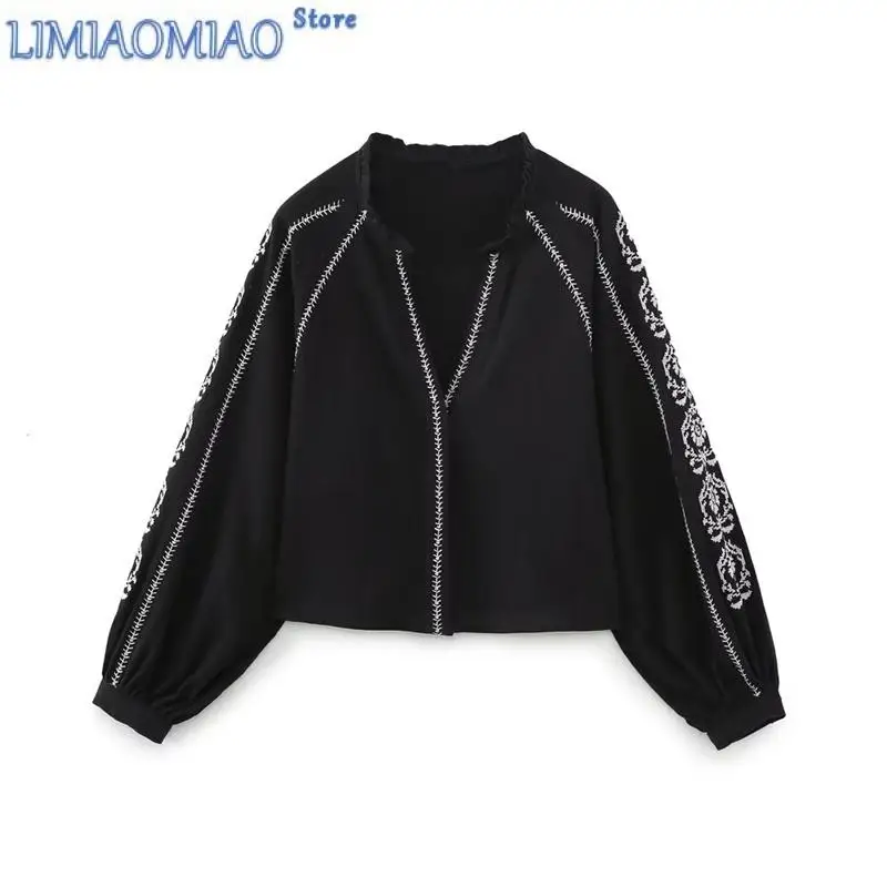 

New Spring Ethnic Style Embroidered Lantern Sleeve Black Shirt Women's V-Neck Long-Sleeved Pullover Smock