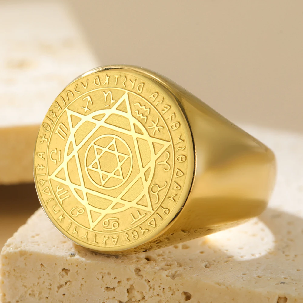 Dawapara Talisman Seal Solomon Ring Hexagram 12 Constellation Kabbalah Prosperity Good Health Amulet Stainless Steel Jewelry