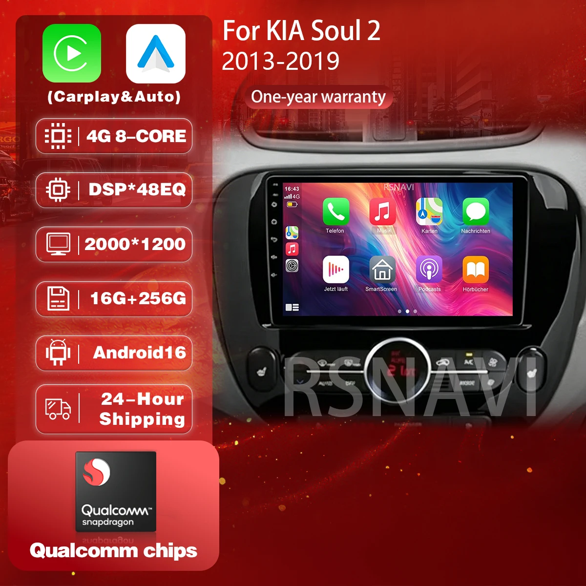 Автомагнитола 2DIN с Android 16, CarPlay, Qualcomm, Wi-Fi+4G, 2K QLED экраном для KIA Soul 2 2013-2019, подключение Plug and Play