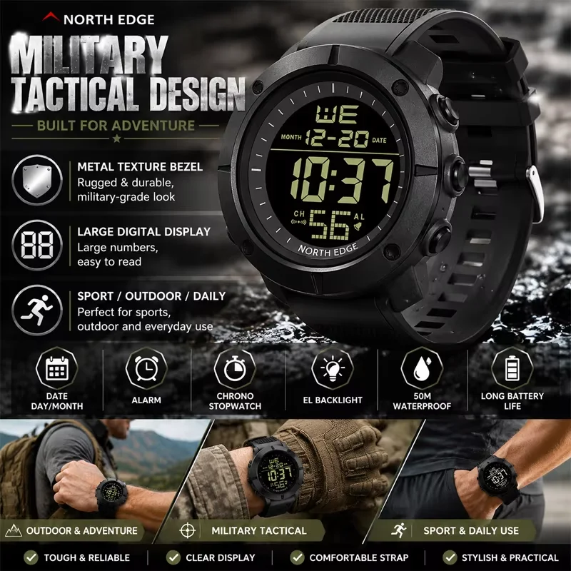 NORTH EDGE TANK Outdoors Watch For Men Alarm Clock Hour Report EL Backlight Waterproof 50M Silicone Band Men Watch Reloj Hombre