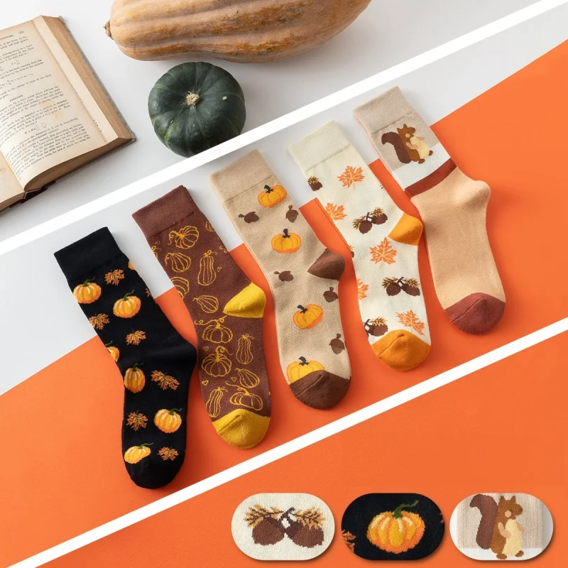 5 Pairs/Lot Women's Autumn Mid Calf Socks Halloween Cute Cartoon Pumpkin Squirrel Acorn Pattern Socks Holiday Casual Socks