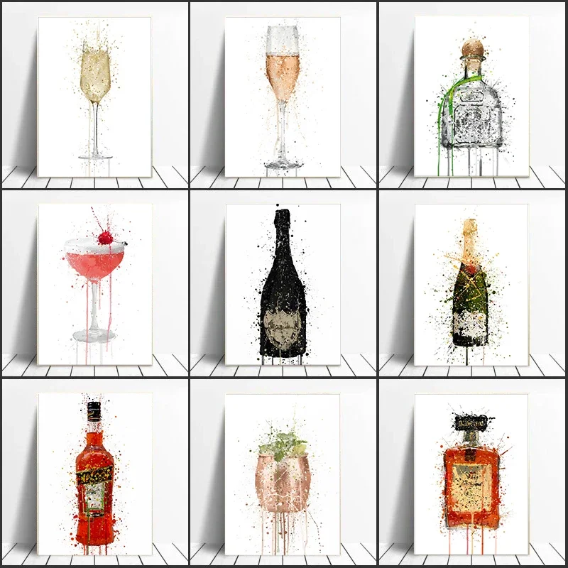 Impresiones de póster de exhibición de botellas de cóctel Mojito de vino de acuarela, pintura en lienzo, arte de pared, imagen de copa para Bar, Club, decoración del hogar