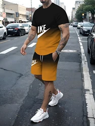 Conjunto de camiseta manga curta estampada masculina, shorts de secagem rápida, conjunto esportivo respirável, cabeça de jogging, moda verão