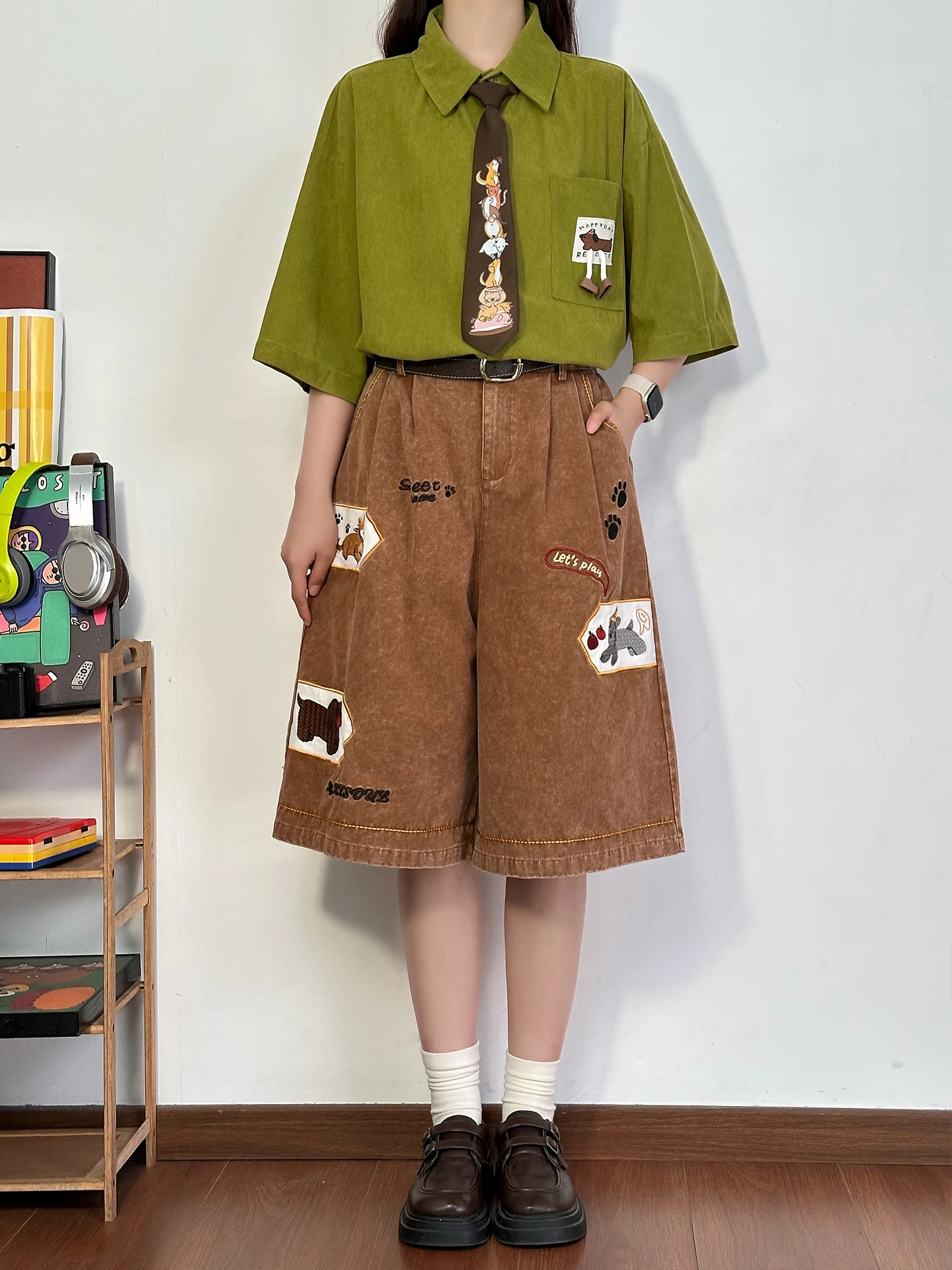 

Retro Cartoon Embroidery Distressed Five-Pointed Casual Shorts Women's Summer Loose Straight Leg Cotton Breathable Shorts