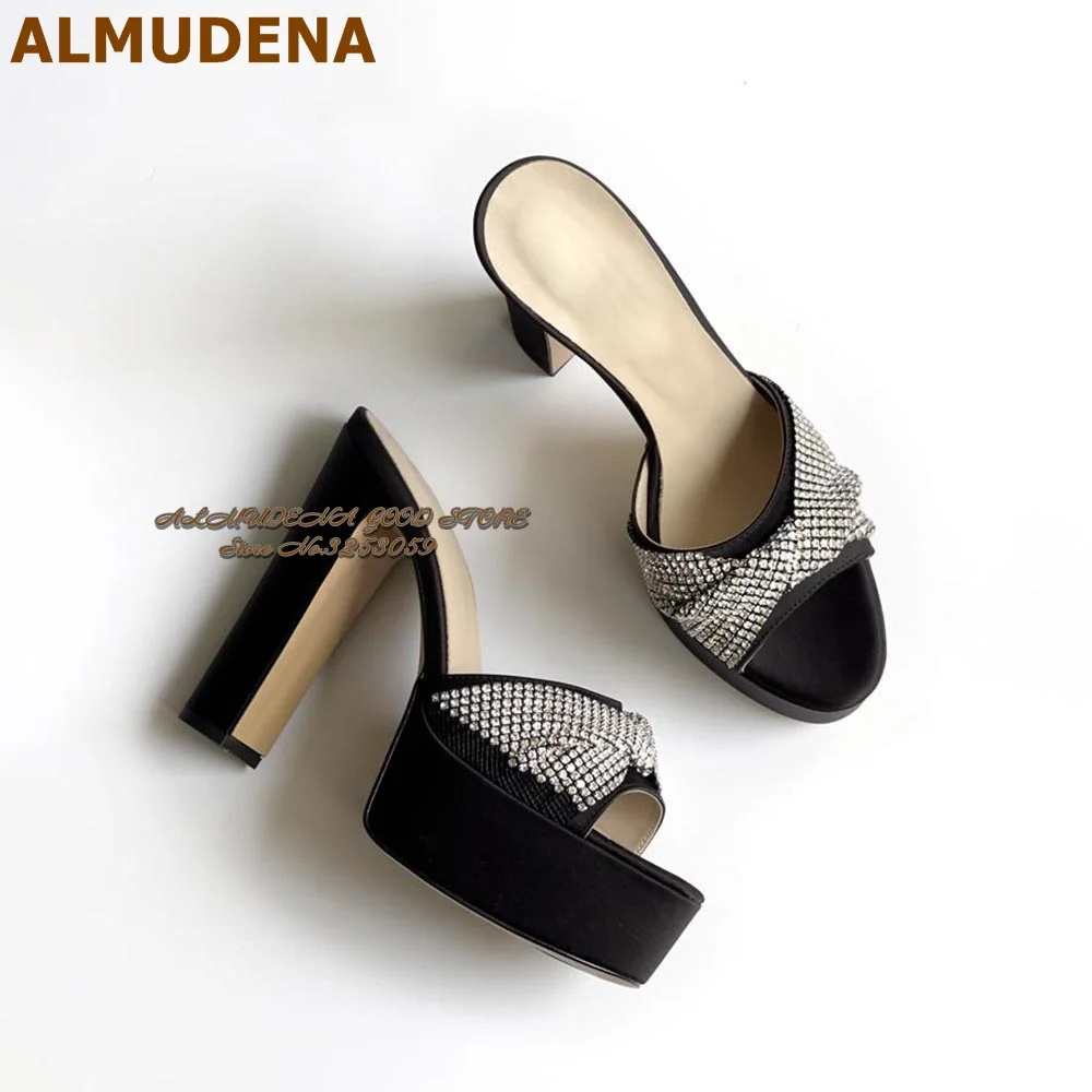 ALMUDENA Bling Bling Silver Crystal Butterfly-knot Modern Slippers Black Satin Cloth Chunky Heel Platform Glitter Sandals