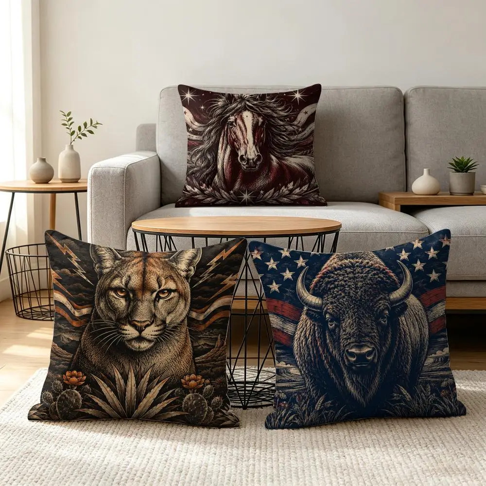 Patriotic Wild Creatures Cushion Cover Summer Linen Pillow Case Organic Fabric Cushion Cover Double-Sided Print Sofa Home Decor