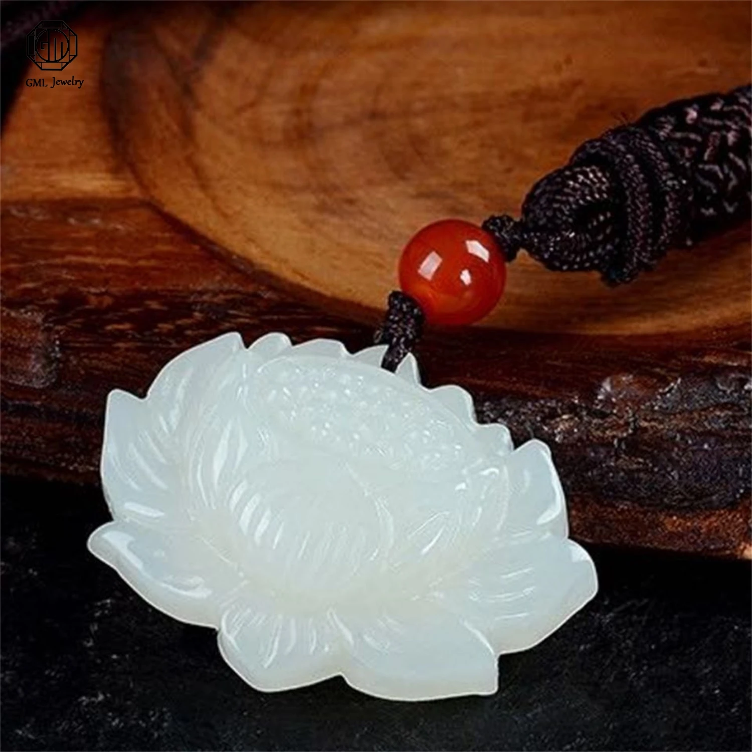 Afghan Jade White Lotus Pendant Natural Stone Necklace Blossom Flower Jade Pendant Sweater Chain Jewelry Wholesale