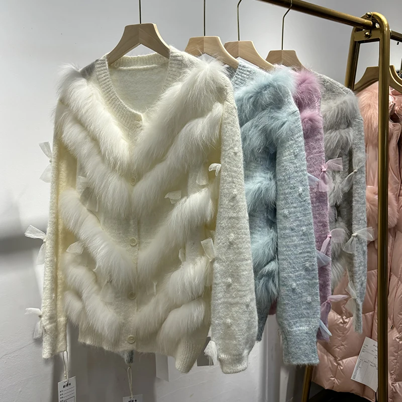 เสื้อสเวตเตอร์ขนสุนัขจิ้งจอกแท้ ดีไซน์โบว์น่ารัก สีฟ้า  คอลเลคชั่นใหม่ปี 2025 เสื้อแจ็คเก็ตถักนิตติ้งขนสัตว์แท้สุดน่ารัก