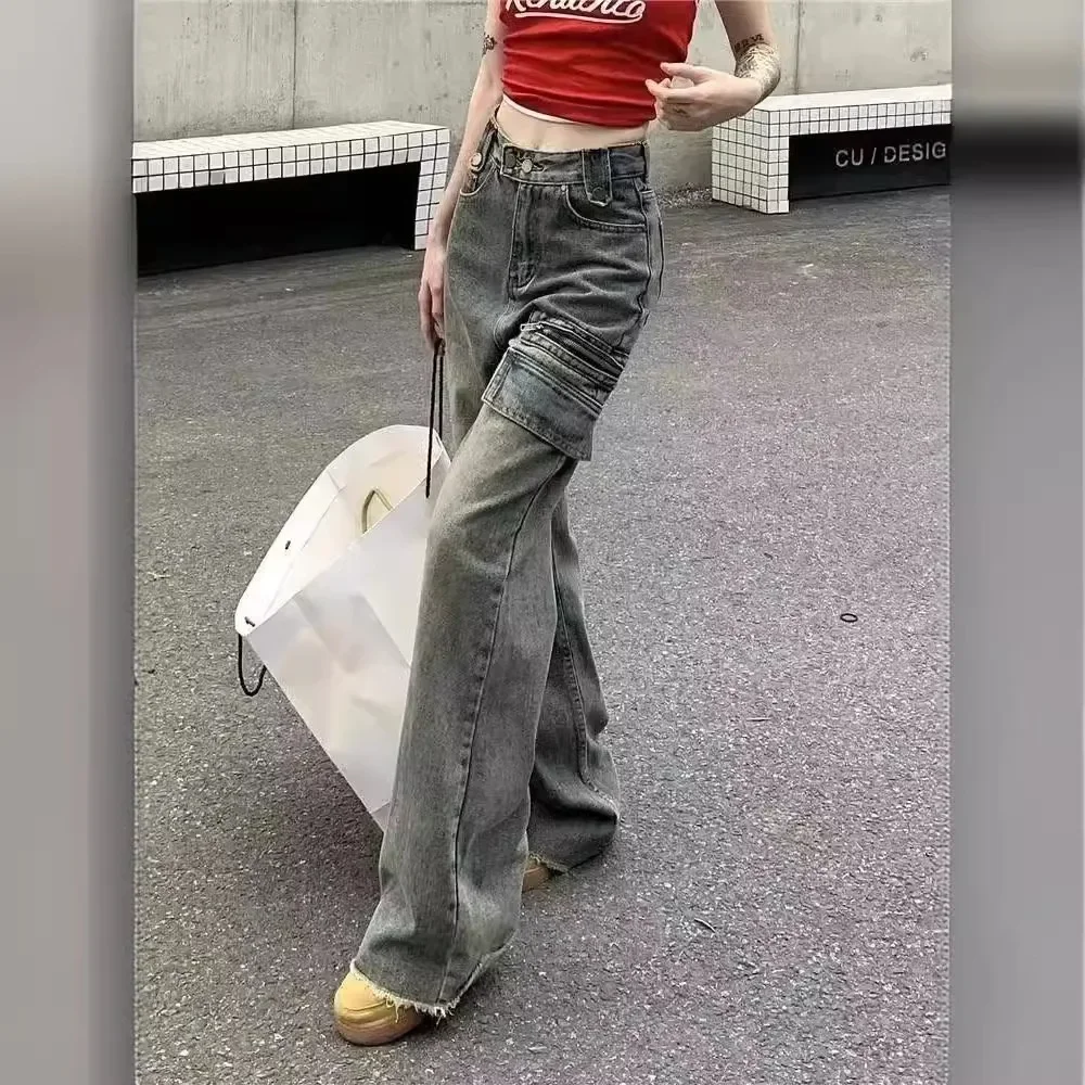 NICE Retro Workwear Frayed Pocket Straight Leg Jeans Women's High Waist Loose Slim Wide Leg Long Pants Floor-Length Trousers