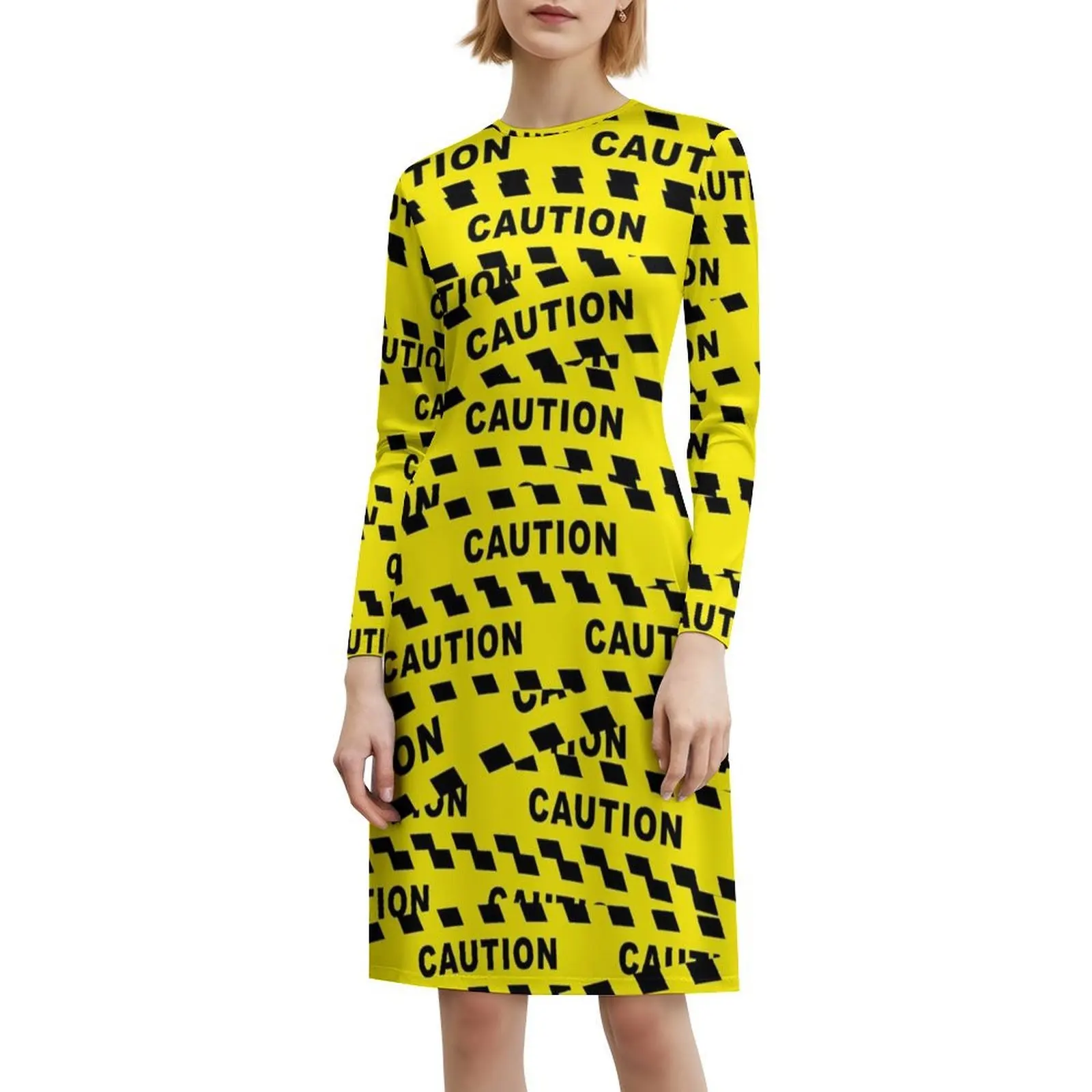 تحذير الشريط البوهيمي فستان بلا أكمام للنساء طباعة فساتين حفلات الشاطئ شريط تحذير أصفر أسود علامة تحذير فستان