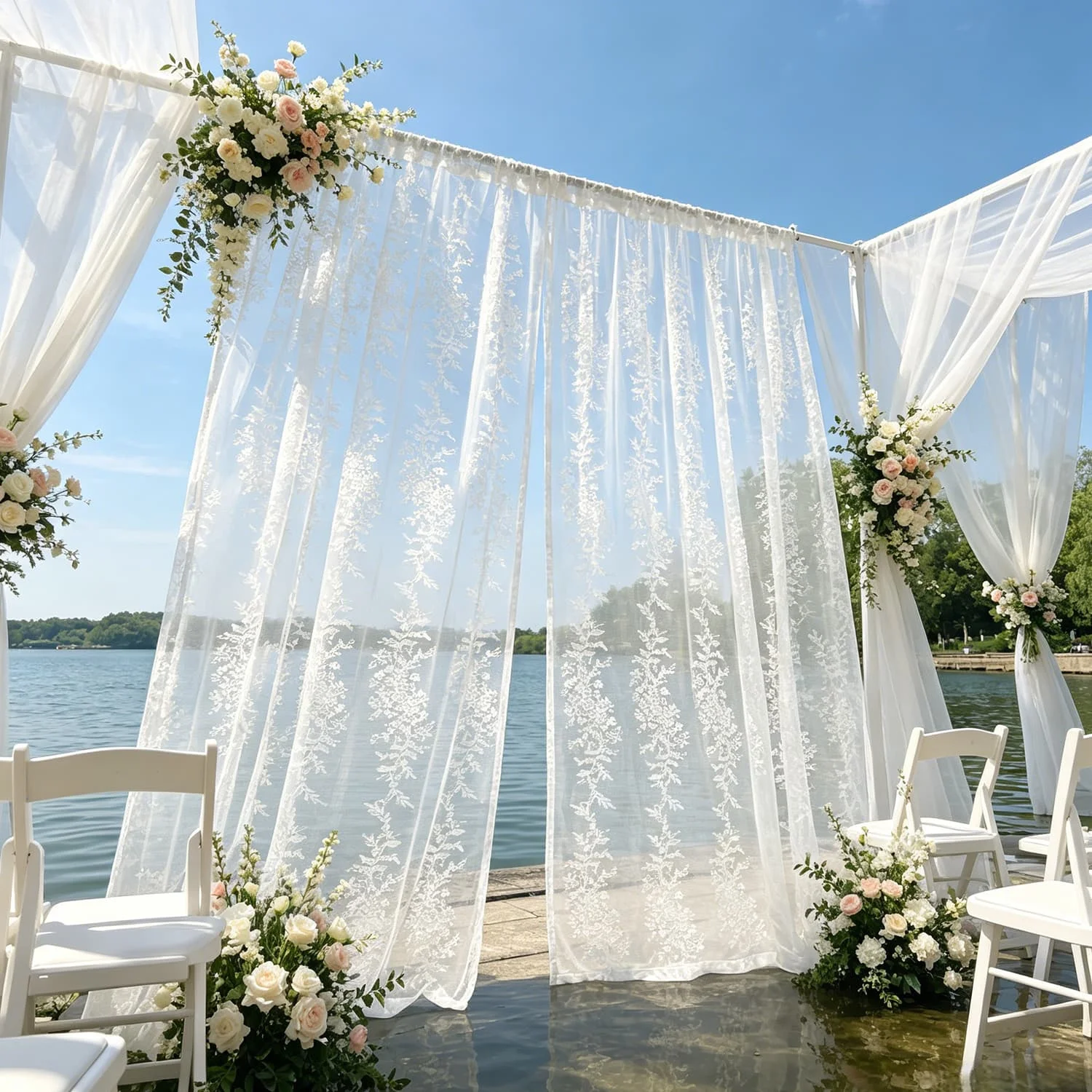 Cortina Transparente de Encaje Floral Vintage Blanca para Exteriores, para Patio, Pérgola, Gazebo, Cortinas de Voile para Jardín y Decoración de Bodas