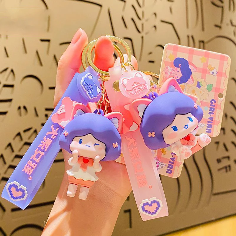 Cartoon Hund sitzen Haltung Mädchen Puppe Schlüssel anhänger niedlichen lila Bob Haarschnitt Liebe Fliege stehende Haltung Mädchen Schlüssel bund Tasche Anhänger