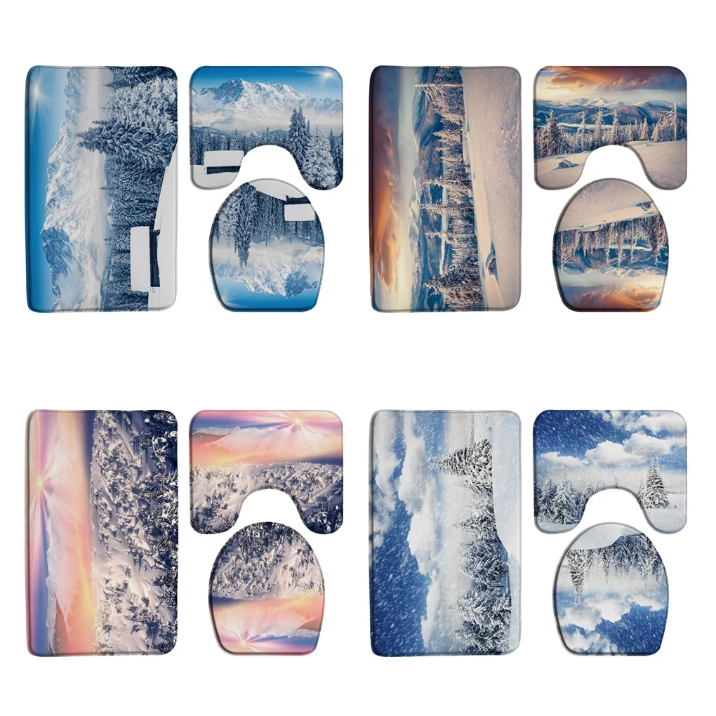 

3Pcs Snow Mountain Bath Mat Sets Farmhouse Sunset Forest Snowflake Flannel Carpet Home Kitchen Doormat Bathroom Rug Toilet Cover