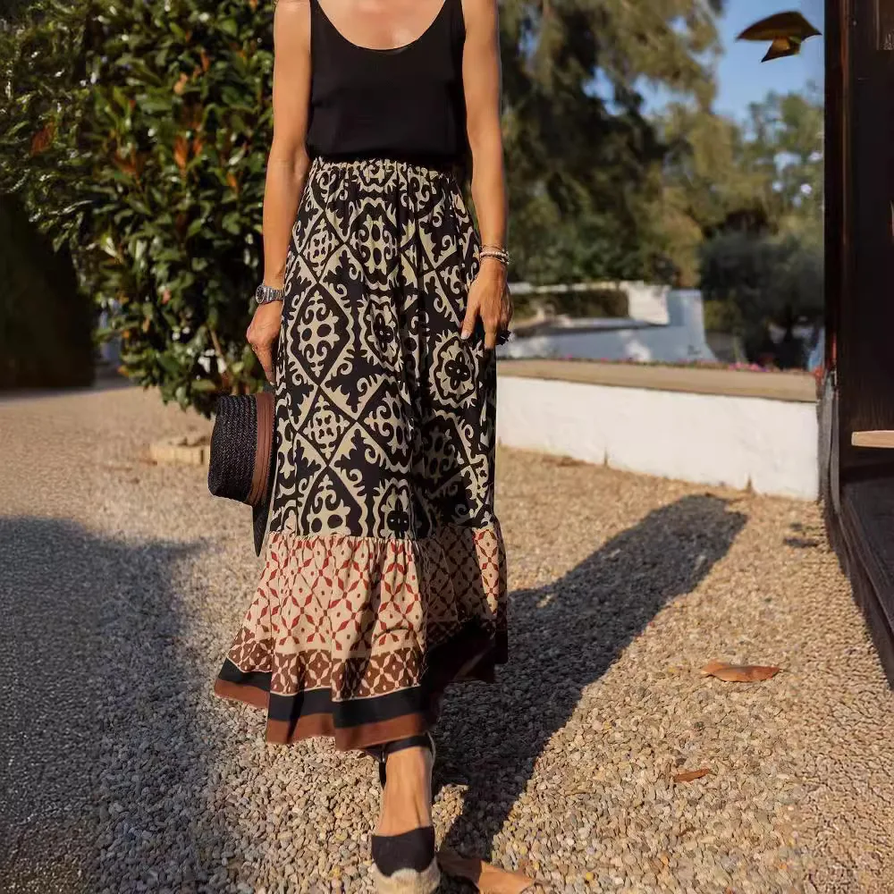 Women's Elastic Waist Printed Large Swing Skirt, Boho Spliced Midi Skirt, Suitable for Beach and Daily Wear