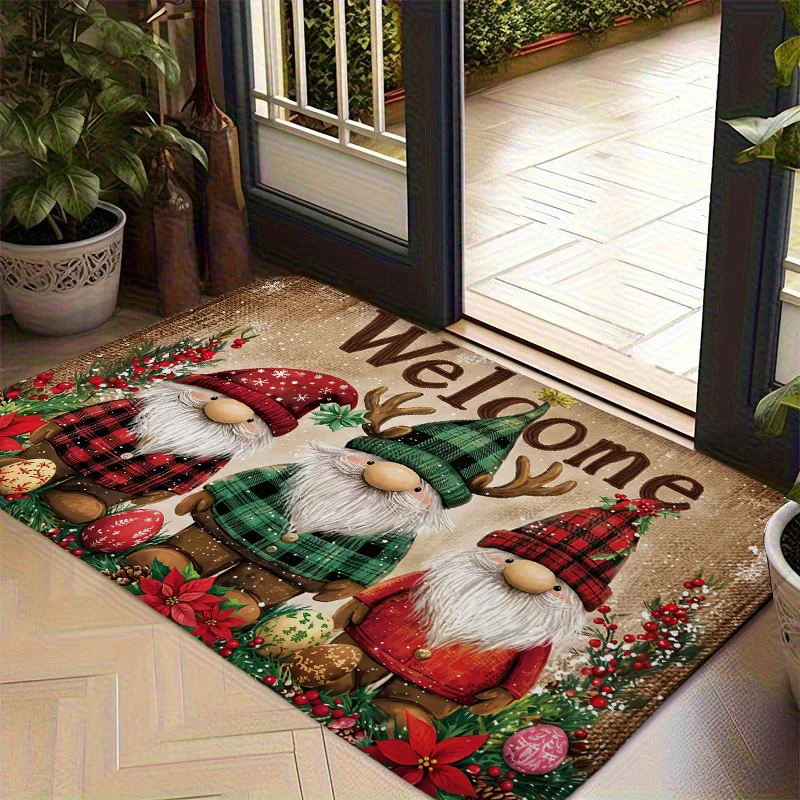 2D Flat Welcome Three Christmas Gnomes Vintage Wooden‑Style Pattern Rug, Non‑Slip Washable Mat for Living Room Decor