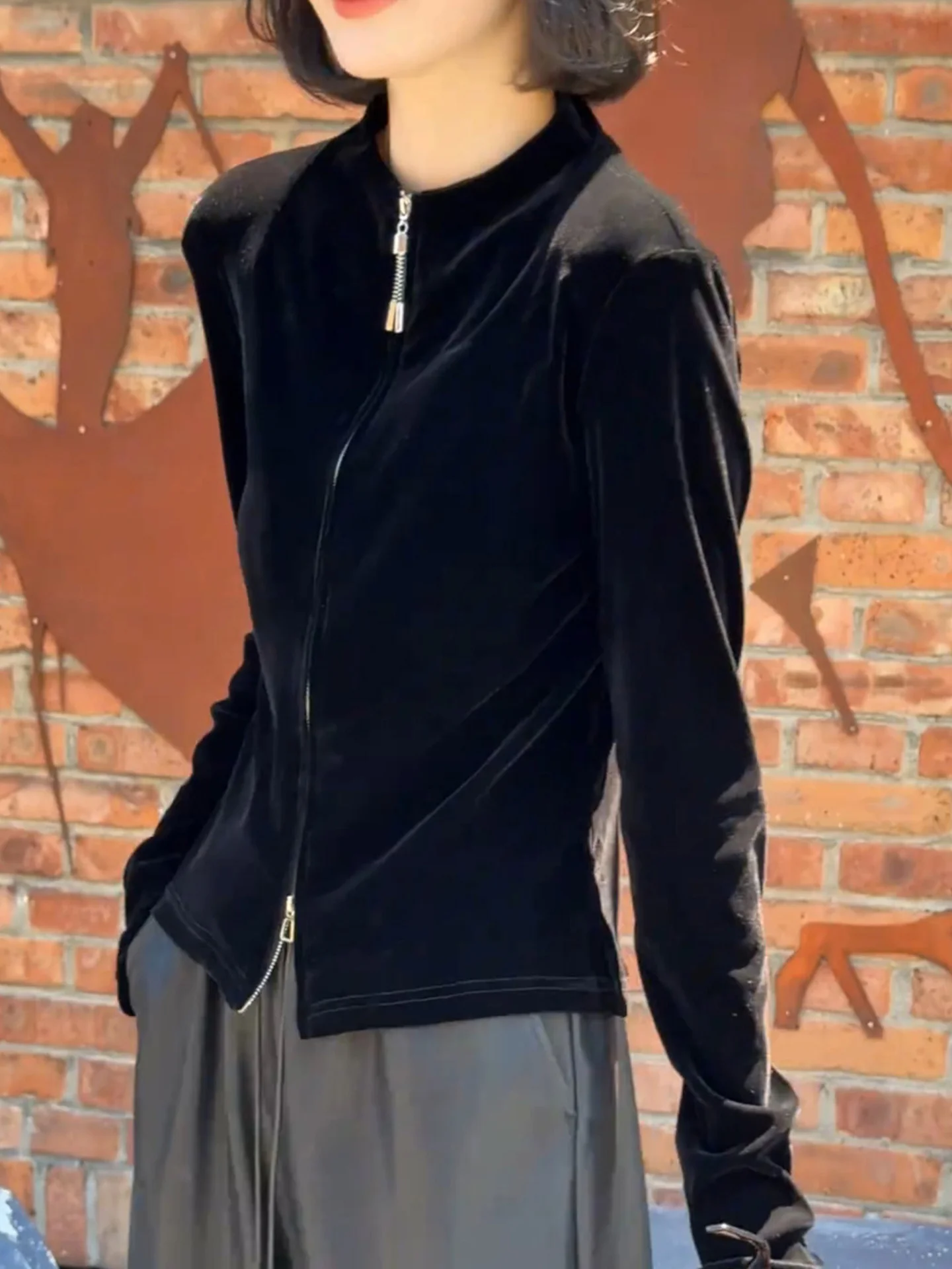 Velvet Jaet Double Zipper Long Sve Women's Base irt Slimming Sle Commute Faion Korean Version Autumn Season